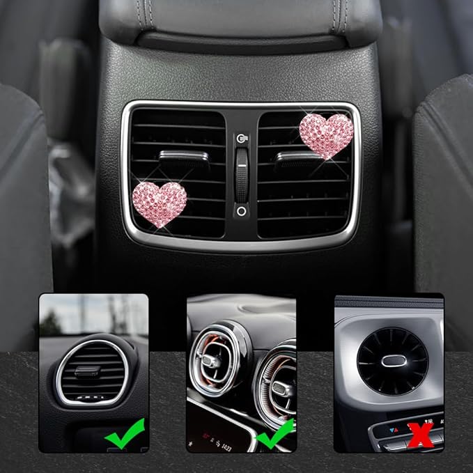 4PCS Bling Heart Air Vent Clips, Car Air Freshener for Women, Air Fresheners Diffuser Clip Charm, Car Air Conditioning Outlet Clip Decorative Accessory for Women Girls (Pink, Style1)