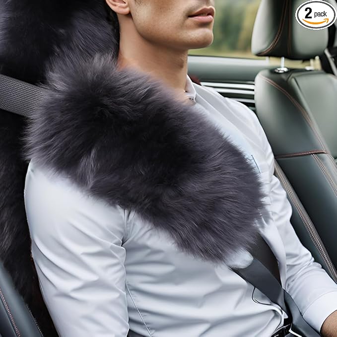 OGLAND Long Wool Sheepskin Seat Belt Covers, Seatbelt Pads for Adults Kids Women Universal Car 2 Pack (Steel)