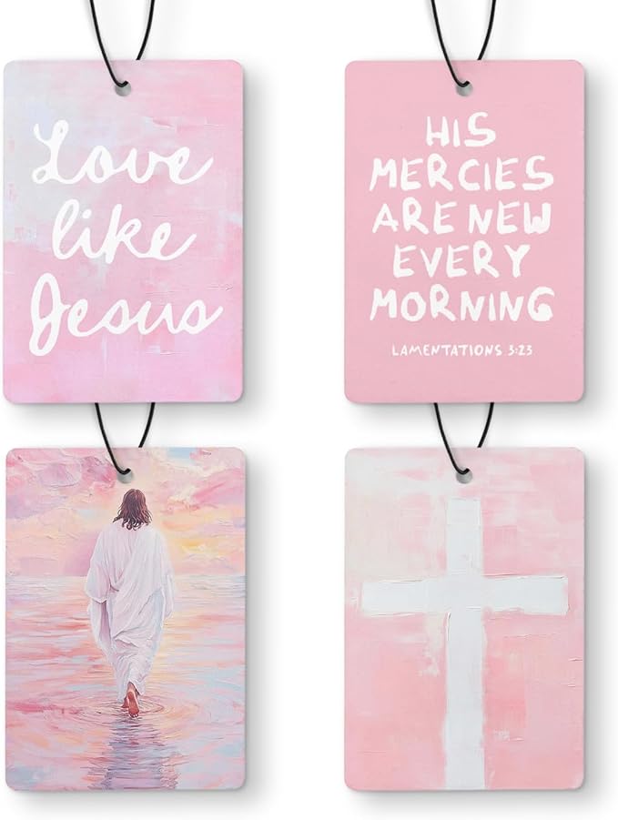 Pink Jesus Christian Car Air Freshener 4 Pcs, His Mercies Are New Every Morning Bible Verse Hanging Air Freshener for Cars Closet Drawer Books, Christian Car Accessories for Women Girls