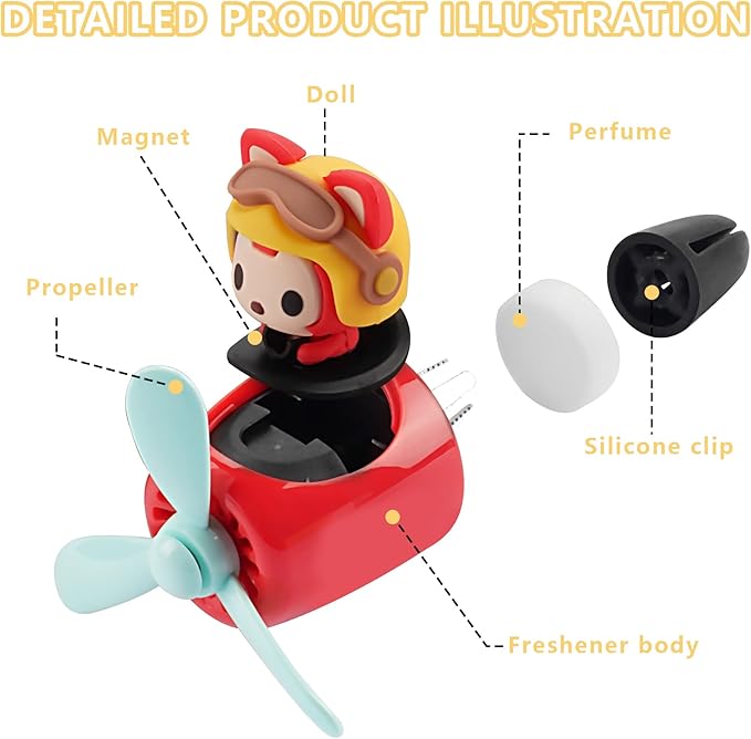 Car Air Fresheners Cute Cartoon Fox Pilot Car Diffuser Rotating Propeller Automotive Air Outlet Fan Creative Car Perfume Decoration Funny Car Interior Accessories