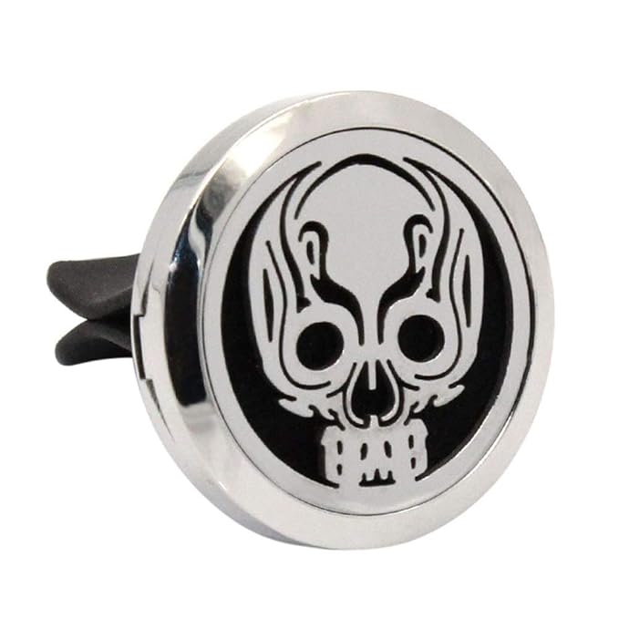 (Skull) 30mm Car Aromatherapy Essential Oil Diffuser Stainless Steel Locket Air Freshener with Vent Clip 7 Pads 1 Oil Included