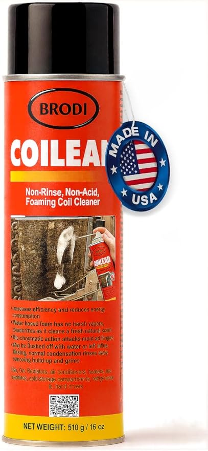 Brodi Coilean HVAC Coil Cleaner Foam, Commercial-Grade, Non-Acid Self-Rinse AC Coil Cleaner, Clinging Foam Digests Dirt, Lint & Grime, Deodorizes, Boosts Airflow, Safe On All Metals (Pack of 1)