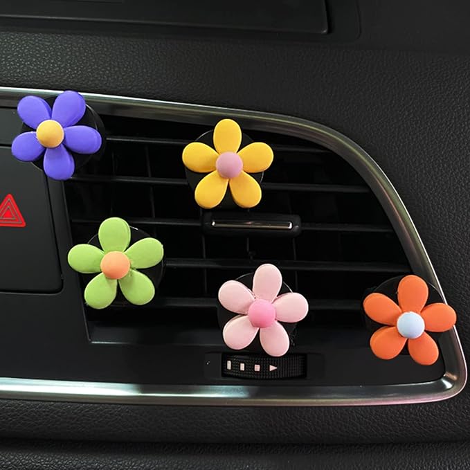 5 Pieces Daisy Flower Air Vent Clips, Cute Colorful Car Air Freshener Clip & Diffuser, Boho SUV Outlet Vent Decorations, Charm Car Inter Decor Accessories for Girls Women