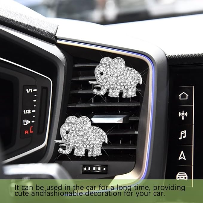 2PCS Car Air Vent Clip, Car Vent Accessories, Crystal Elephant Car Air Fresheners Vent Clips, Rhinestone Air Conditioning Outlet Clip Interior Decoration Universal for Women and Girls (Silver)