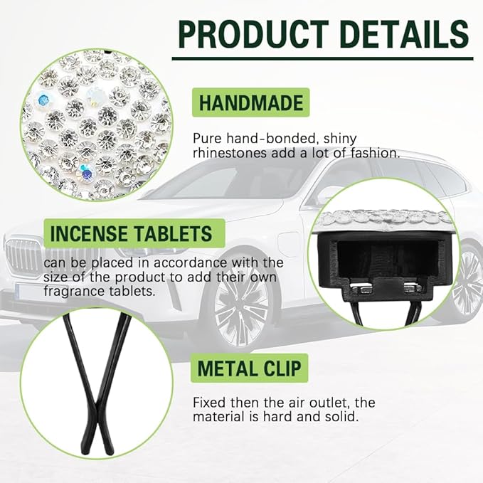 2PCS Bling Heart Air Vent Clips, Heart Car Accessories, Bling Heart Charm Air Conditioning Outlet Clip, Car Interior Decor Air Fresheners Vent Clips Universal Fit for Women and Girls (White)