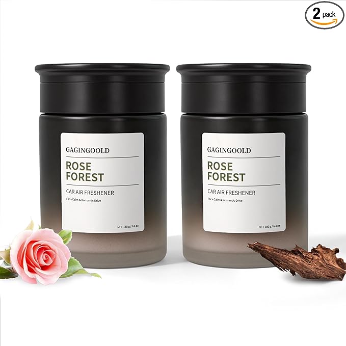 Car Air Freshener, Sandalwood Rose Scent Diffuser with Rotating Cap for Adjustable Fragrance Intensity, Gel Odor Eliminator for Home Car Bathroom, Every 6.4 oz Lasts 90 Days, 2 Pack, Black