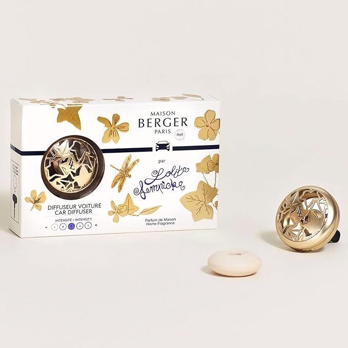 Maison Berger Car Diffuser Set – Refillable Vent Clip, Ceramic Refill, Made in France - Luxury Auto Scent - 4-Week Diffusion - Elegant Air Freshener for All Car Vents (Lolita Lempicka Satin Gold)