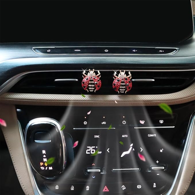 Ladybug Car Accessories,2pcs Red Bling Lady bug Air Vent Clips Car Air Freshener,Cute Dashboard Decorations Gift for Women,Girly Refillable Diffuser with Felt Pads