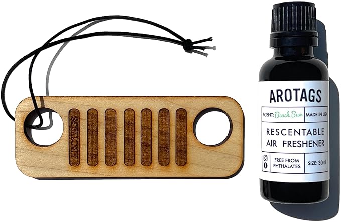 Arotags Offroad Wooden Car Air Freshener - Long Lasting Beach Bum Scent Diffuses for 365+ Days - Includes Hanging Mirror Diffuser and Fragrance Oil - 100% American Made