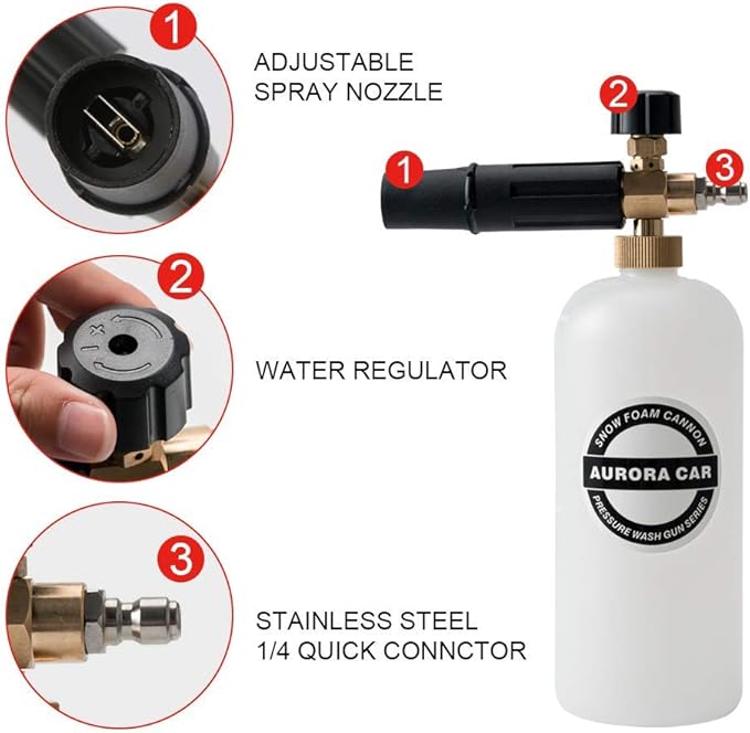 Foam Cannon with 1/4 Inch Quick Connector, 1 L Bottle Snow Foam Lance with 5 Pressure Washer Nozzle Tips, 3000PSI