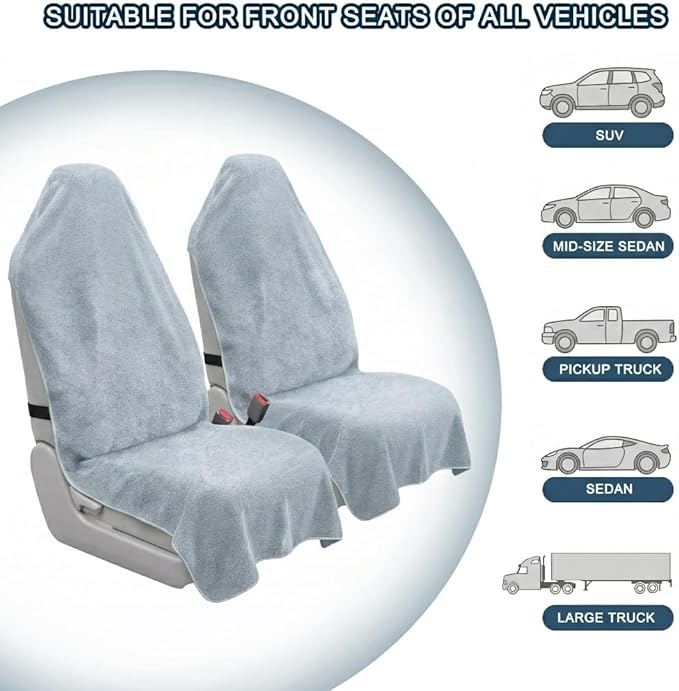 Car Seat Towel Cover, 2pcs Universal Front Seat Protector for Cars, SUVs and Trucks, Sweat Towel Car Seat Cover for Gym, Yoga, Swimming, Pets and Family Travel, Light Gray