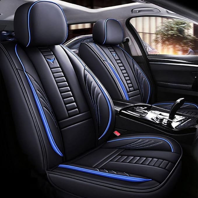 for Chevy Equinox Seat Covers 2005-2026, Full Coverage Customized Car Seat Covers, Premium Leather Waterproof Stain-Resistant Easy to Install (Standard 2 Seats, Black&Blue)