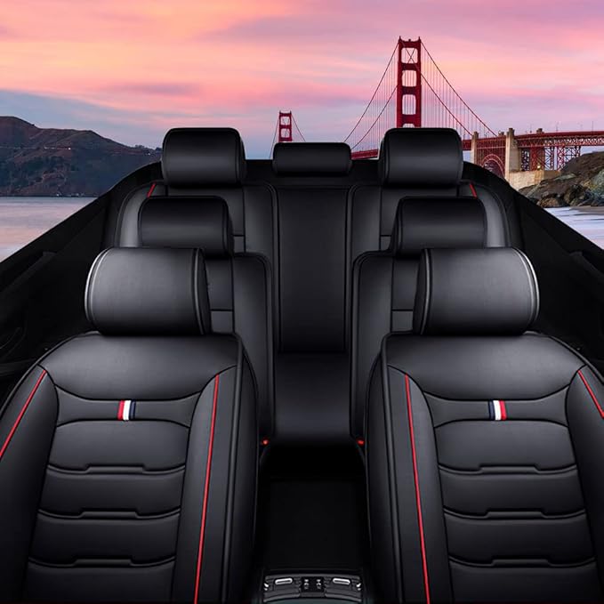 Car Seat Cover 7 Seats for Toyota Highlander 2001-2025, Waterproof Durable Premium Leather Car Seat Protector, Comfortable Anti-Slip Stylish Sport Seat Cover(7 Seats Luxury,Black Red)