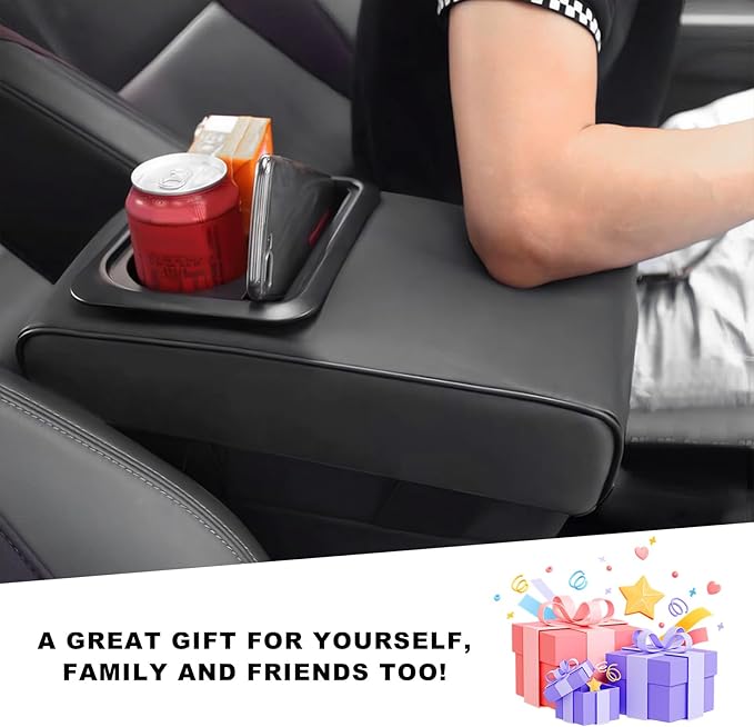 Center Console Armrest Pillow, 14.0"×8.3" Soft Leather Waterproof Armrest Cushion with Cup Holder, Comfy Memory Foam Auto Arm Rest Pad with Storage Bag, Car Accessories (Glossy)