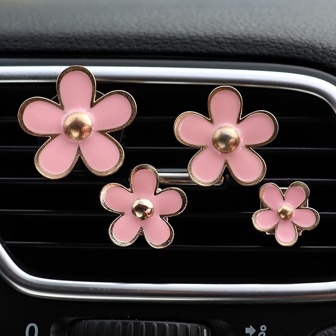 4PCS Daisy Flower Air Vent Clip Air Conditioning Outlet Clip Car Air Freshener Clip Car Interior Decor Charm Colorful Car Interior Accessories for Girls Women (Pink)