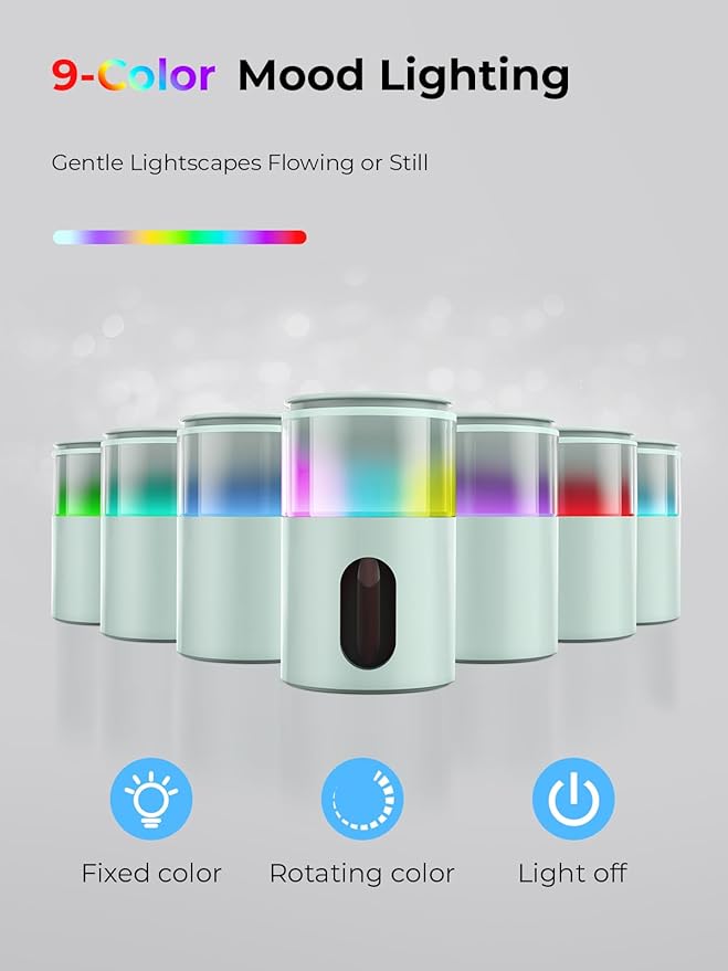 Battery Operated Waterless Diffuser – Portable Scent Machine for Car, Office & Bedroom, Ultrasonic Aroma Mist with 9 Color LED Light, Mini Essential Oil Diffuser Light Cyan