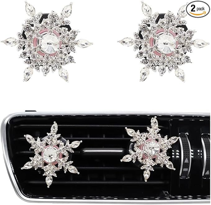 2pcs Snowflake Air Vent Clips Car Air Freshener Outlet Clips Cute Rotatable Silver Snowflake Car Vent Decorations Stress Relief Car Accessories Toy Refillable Car Diffusers Princess Passenger