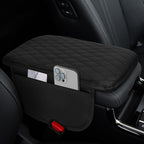 Car Center Console Cover, 12"×7.87" Waterproof Leather Auto Armrest Cover Protector with 2 Pocket, Comfortable Arm Rest Box Cushion Pad, Universal Interior Car Accessories (Black)