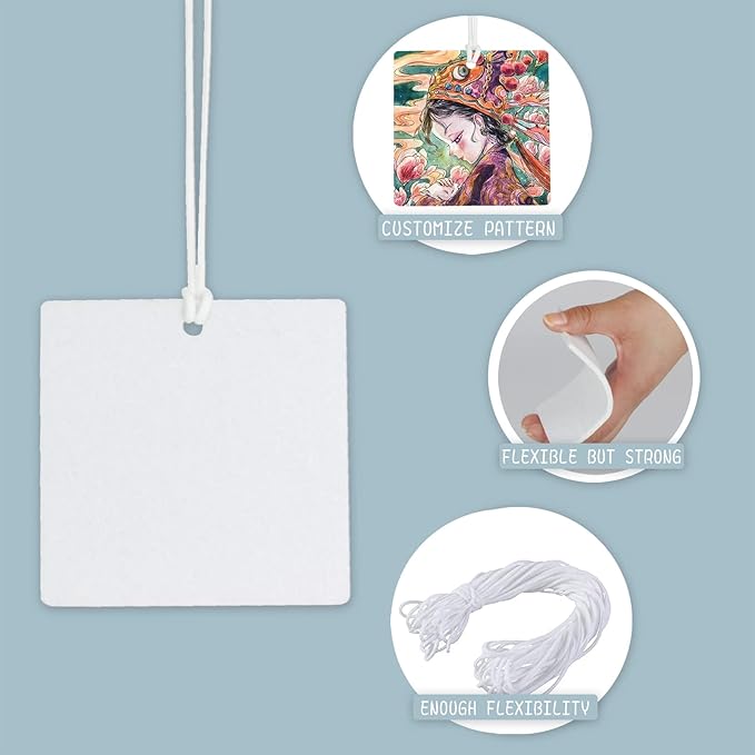 100-Piece Sublimation Air Freshener Scented Hanging Sheets - White, Fragrant, 15" Elastic Rope for Car Interior & Home Decor