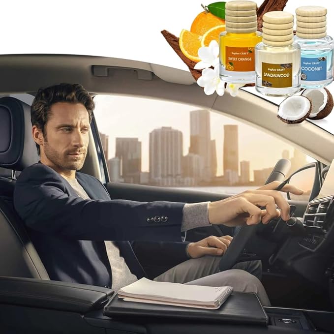 Air Diffuser Essential Oil Set | 12 Natural Scents Like Jasmine, Ocean, Sandalwood | Long Lasting Car Air Freshener for Women & Men | Hanging Glass Bottles, Air Freshener for Travel (8 ML Per Bottle)