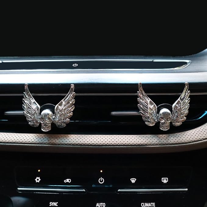 Goth Car Accessories,2pcs Bling Angel Wings Skull Car Air Fresheners Vent Clips,Silver Spooky Skeleton Decor for Teens,Horror Dashboard Decorations,Refillable Diffusers