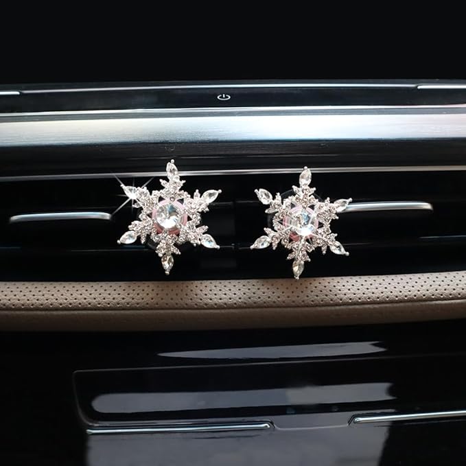 2pcs Snowflake Air Vent Clips Car Air Freshener Outlet Clips Cute Rotatable Silver Snowflake Car Vent Decorations Stress Relief Car Accessories Toy Refillable Car Diffusers Princess Passenger