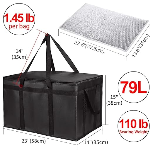 CIVJET Insulated Food Delivery Bag with Hard Bottom, XXX-Large Insulated Reusable Grocery Cooler/Hot Bags, Tote Bag for Shopping/Travel, Black, 4-Pack