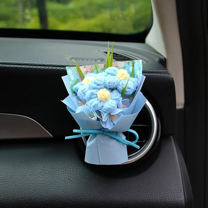 Mini Daisy Bouquet Car Vent Clip Air Freshener, Small Artificial Flowers Car Accessories, Reusable Essential Perfume Diffuser with Lemon & Blank Pad, Dashboard Yarn Floral Decor, Gift for Car(Style C)
