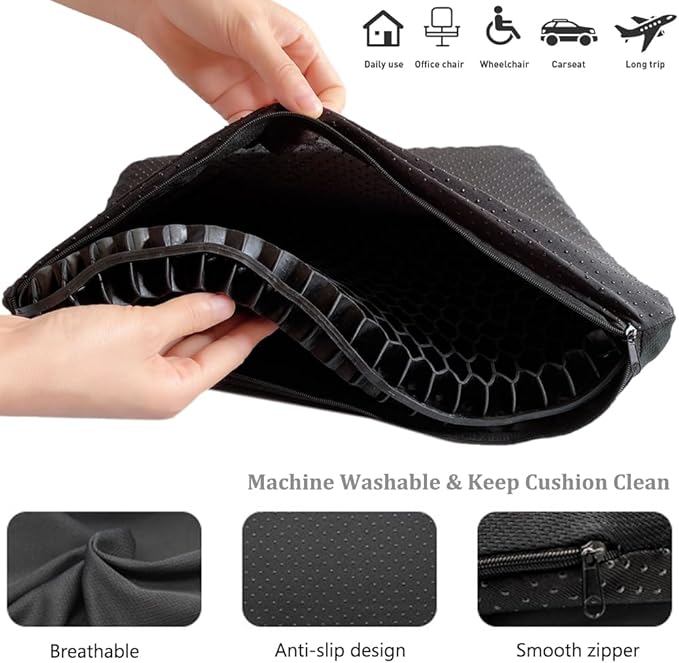 Gel Seat Cushion, 19x19inch Super Large Gel Cushion Pressure Pain Relief Seat Cushion for Long Sitting, Soft Breathable Gel Chair Pads for Home Office Wheelchair Car Seat (Black)