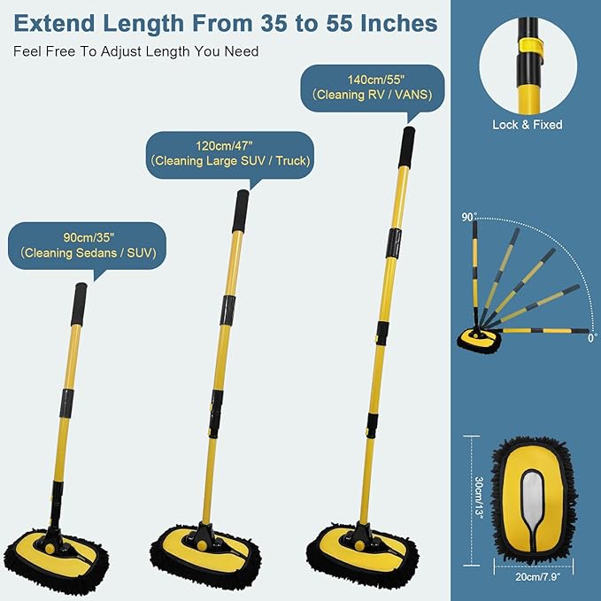 YeewayVeh Car Wash Brush Mop with Long Handle, 55" Car Wash Brush with 2 Replaceable Microfiber Mop Heads, 15° Curved Extension Pole Auto Cleaning Wash Kit for Truck SUV RV Camper, Yellow