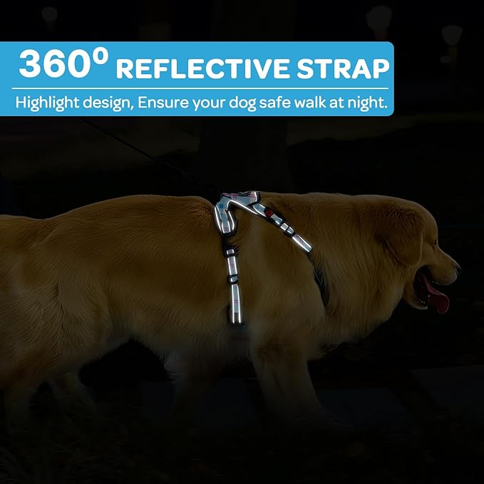 FURRYFECTION Plaid Dog Harness for Large Dogs, Reflective No Pull Adjustable Pet Vest with Front Clip, Leash, Easy Control Handle and Seat Belt, Blue&White, XL