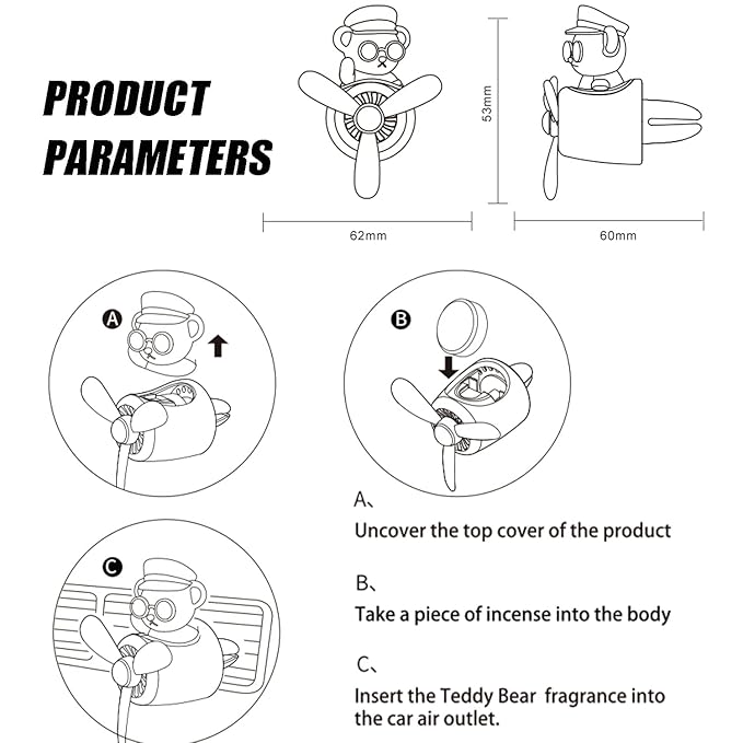 Car fragrance diffuser pilot air outlet cartoon rotating fan leaf perfume cute shape freshener with 2 fragrances (Teddy) 1 Count