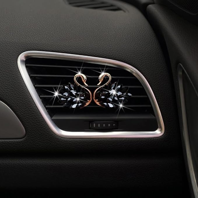 Katutude 2 Pcs Crystal Swan Car Air Vent Clips with Fragrance Tablets, Car Diffuser Air Freshener Vent Clips Air Conditioner Outlet Clip Charm Bling Car Interior Decoration, Black