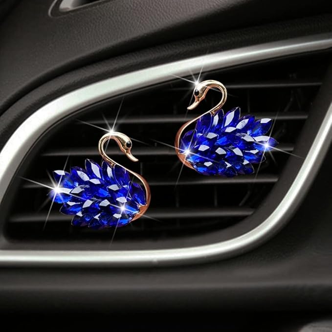 Katutude 2 Pcs Crystal Swan Car Air Vent Clips with Fragrance Tablets, Car Diffuser Air Freshener Vent Clips Air Conditioner Outlet Clip Charm Bling Car Interior Decoration, Blue
