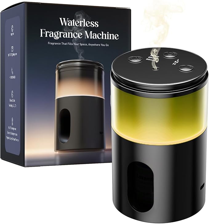 Battery Operated Waterless Diffuser – Portable Scent Machine for Car, Office & Bedroom, Ultrasonic Aroma Mist with 9 Color LED Light, Mini Essential Oil Diffuser Obsidian Black