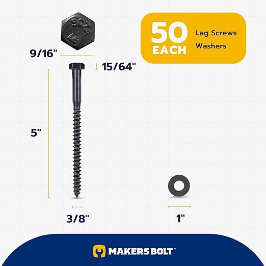 3/8 x 5 (50 Pack) Lag Screw Kit, 50 Screws and 50 Washers, Ceramic Black Ruspert Coating for Exterior Use, Meets ASTM A307 and ASME B18.2.1, Industrial/Commerical Grade by Makers Bolt