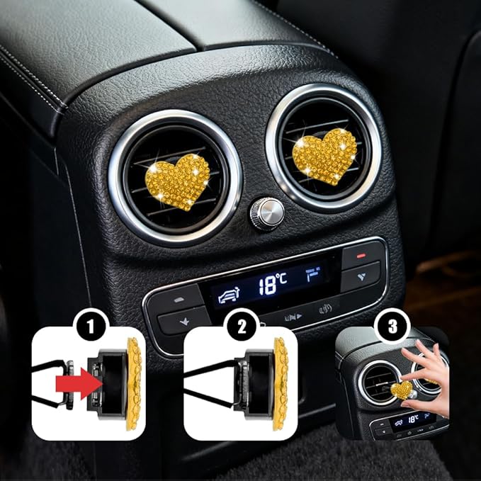 4PCS Heart-Shaped Car Vent Clip with Rhinestone, Vent Clip Car Accessories, Sparkly Rhinestone Bling Diamond Freshener Holder, Air Conditioning Outlet Ornament for Women Girls (Yellow, Style1)