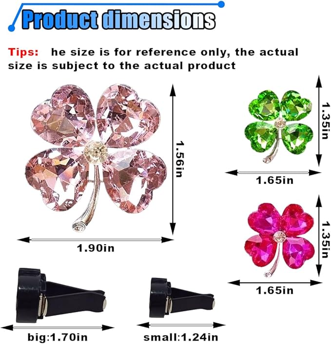 3PCS Bling Four Leaf Clover Car Dashboard Air Vent Trim Clips, Crystal Rhinestone Auto Air Fresheners Outlet Clips, Cute Car Interior AC Decoration Accessories for Women (Big Pink/Small Rose & Green)