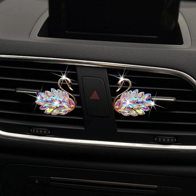 Katutude 2 Pcs Crystal Swan Car Air Vent Clips with Fragrance Tablets, Car Diffuser Air Freshener Vent Clips Air Conditioner Outlet Clip Charm Bling Car Interior Decoration, Colorful