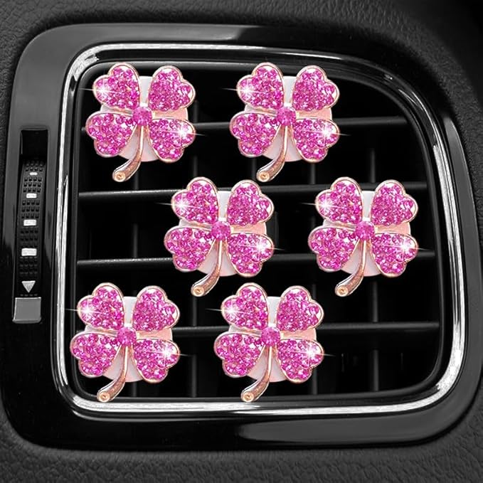 4 pcs Cute Car Vent Clips Car Air Fresheners Vents Clips Glistering Crystals Air Freshener Clip Charm Car Inter Decor Cute Accessories for Women Girls (Pink four-leaf clover air outlet)