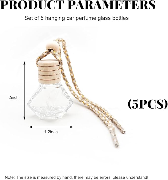 5 PCS Hanging Car Air Freshener, 8ml Empty Clear Glass Perfume Bottle Freshener Diffuser, Essential Oil Fragrance Aromatherapy Bottle Ornament for Car, Interior Car Accessories (Rhombic)