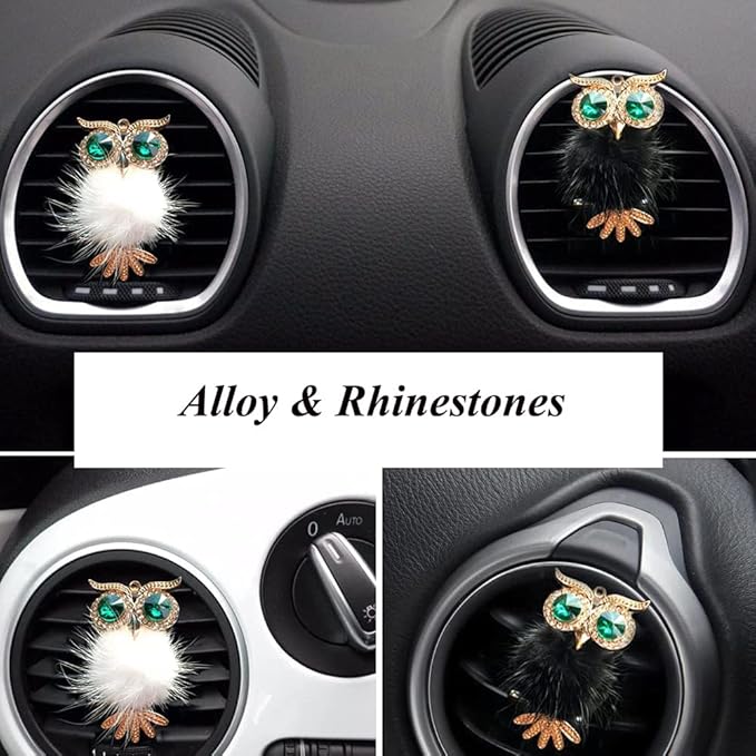 Riloer Bling Crystal Owl Car Air Vent Clip Charms, 2 Pcs Natural Car Vent Clip Air Freshener, Fashion Charms Car Essential Oil Diffuser, Car Accessories for Women (Black and White)
