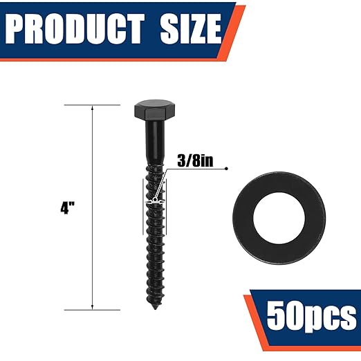 Tandefio 50 Pack 3/8''x 4'' Ceramic Black Lag Screw Kit with Washers Hex Lag Bolts Wood Screws Heavy Duty Ruspert Coating Hot Dip Galvanized Double Layer for Wood Decks Fences