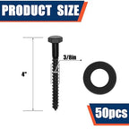 Tandefio 50 Pack 3/8''x 4'' Ceramic Black Lag Screw Kit with Washers Hex Lag Bolts Wood Screws Heavy Duty Ruspert Coating Hot Dip Galvanized Double Layer for Wood Decks Fences