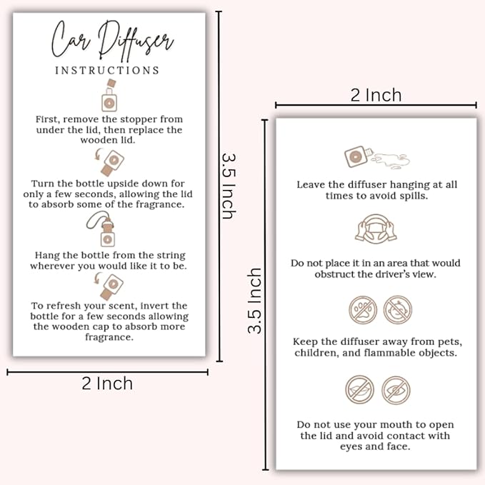 Car Diffuser Instruction Cards | 2" x 3.5" inch Business Card Size | Car Hanging Accessories Oil Bottles Instruction Card