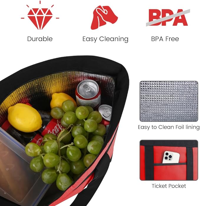mosago Insulated Grocery Tote Bags, Large Reusable Cooler Bags with Zipper, Leakproof Thermal Shopping Bags for Food Delivery, Beach, Travel, Uber Eats & Picnic, Collapsible Personalized, Red
