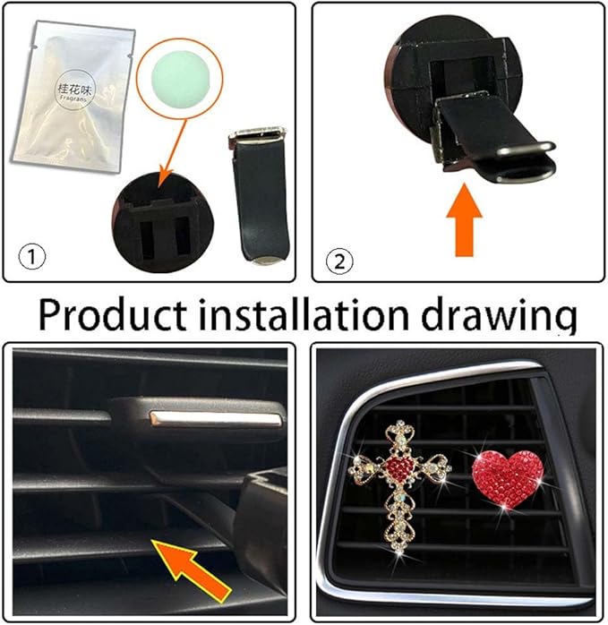 2 Pack Bling Car Vent Clip Decor, Diamond Cross & Heart Air Freshener - Women's Car Essentials (Red)