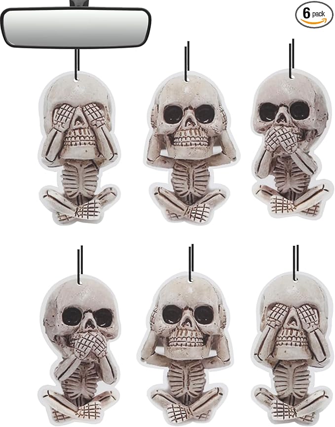 Car Air Freshener Hanging, 6Pcs Evil Skull Halloween Tree Decorations, Horror Movie Gifts, Halloween Air Freshener Car Decor, Scented Rearview Mirror Pendant, Halloween Gifts for Men Women