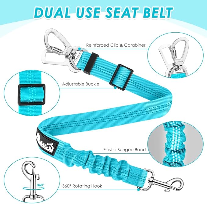 Lukovee Dog Seat Belt for Car, Adjustable Dog Car Harness for Large Medium Small Dogs, Soft Padded & Breathable Mesh Dog Seatbelt with Car Strap and Carabiner (Light Blue,L)