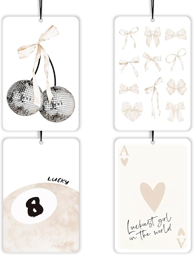 Light Pink Coquette Lavender Car Air Freshener 4 Pcs, Girly Bow Disco Ball 8 Ball Poker Air Freshener Hanging Decor for Cars Closet Drawer Books, Cute Accessories Gifts for Women Girls